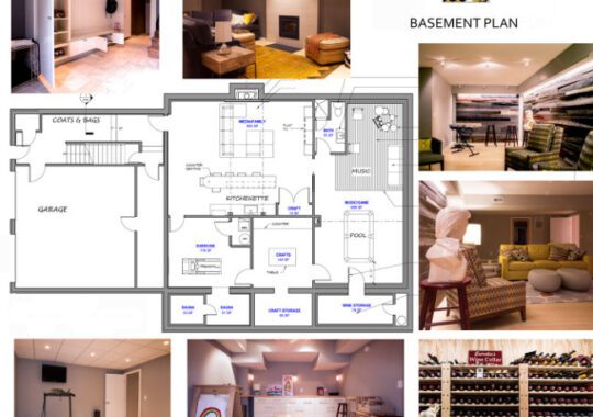 Blueprints for the basement designs as well as insets of the eco friendly staorage and living spaces.